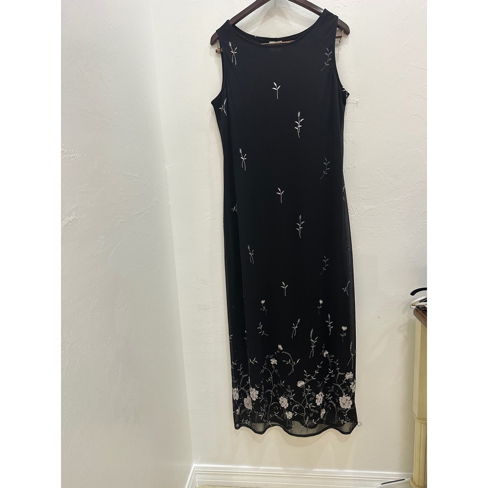 Jalate Vintage 90s Black Mesh Floral Embroidered Sleeveless Maxi Dress Size 14